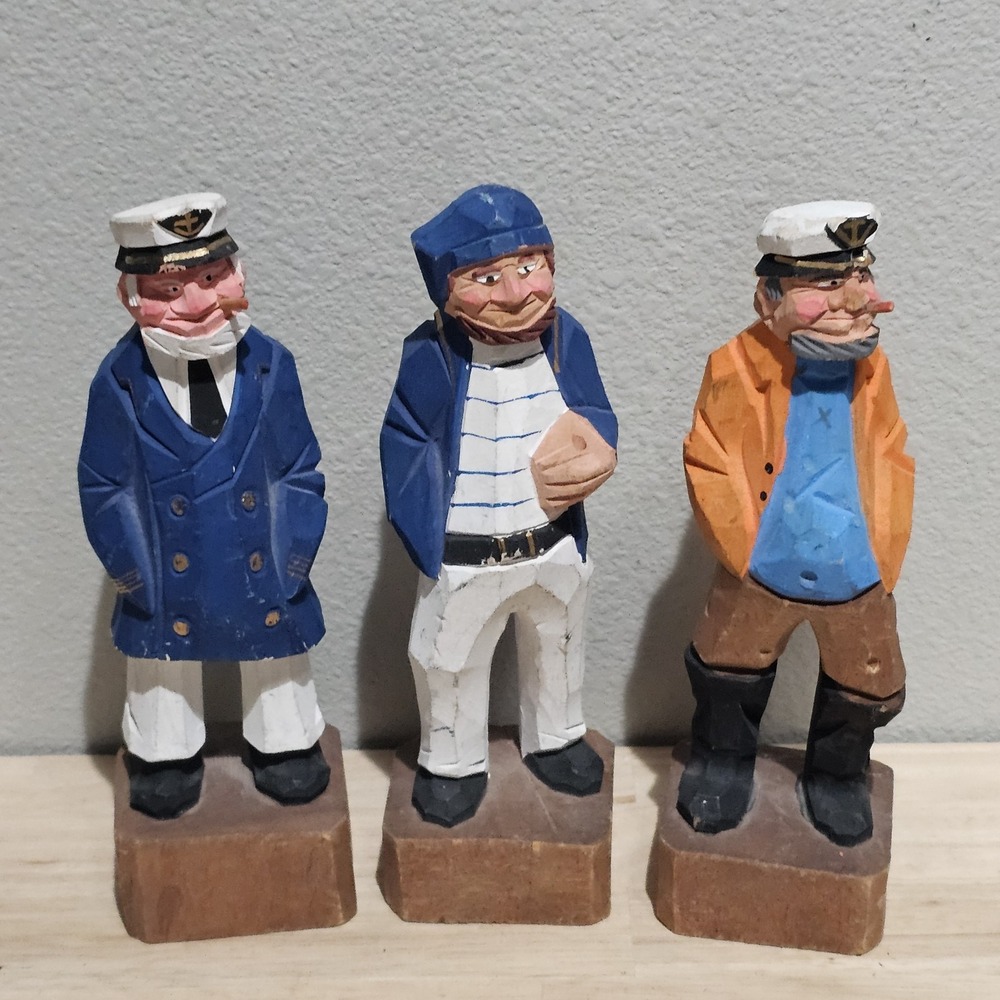 Set of 3 Vintage Hand Carved Wooden Nautical Men Sailor Figurines